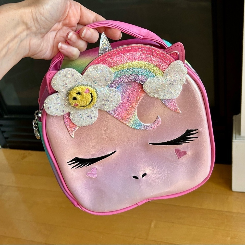 Sparkly Unicorn Kids Insulated Lunch Cooler with Rainbow + Flower Accents, Pink